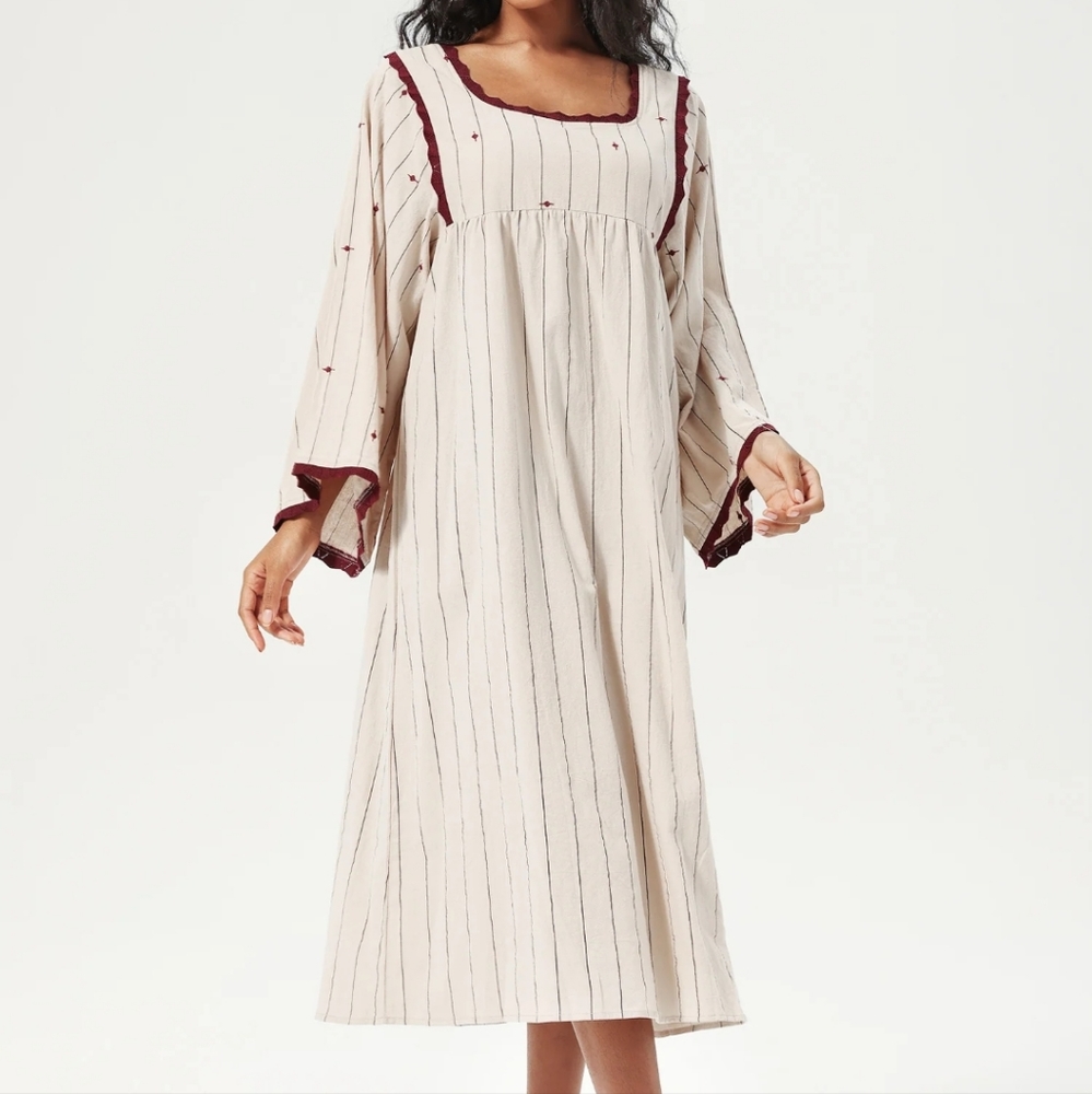 Zara Embroided Cotton Striped Midi Cottagecore Prairie Peasant Dress S